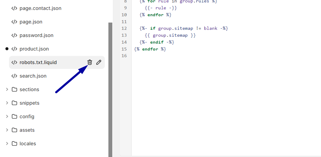 click on “robots.liquid,” and then click “Delete file.”